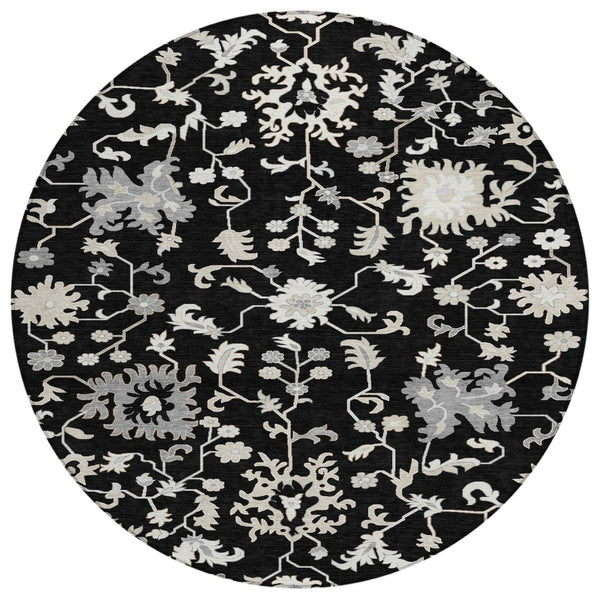 HomeRoots 5' Elegant Black Ivory Gray Floral Washable Area Rug for Indoor and Outdoor High-Traffic Spaces 8' Round 622930