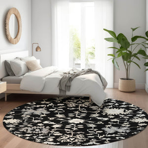 HomeRoots 5' Elegant Black Ivory Gray Floral Washable Area Rug for Indoor and Outdoor High-Traffic Spaces 8' Round 622930