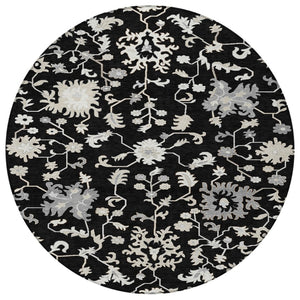 HomeRoots 5' Elegant Black Ivory Gray Floral Washable Area Rug for Indoor and Outdoor High-Traffic Spaces 8' Round 622930