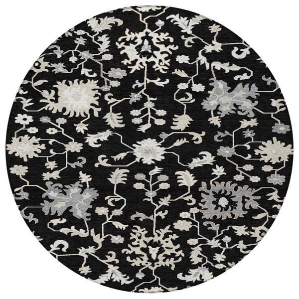 HomeRoots 5' Elegant Black Ivory Gray Floral Washable Area Rug for Indoor and Outdoor High-Traffic Spaces 8' Round 622930