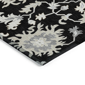 HomeRoots 5' Elegant Black Ivory Gray Floral Washable Area Rug for Indoor and Outdoor High-Traffic Spaces 8' X 10' 622931