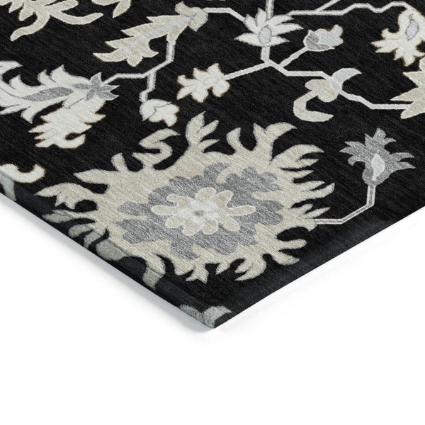 HomeRoots 5' Elegant Black Ivory Gray Floral Washable Area Rug for Indoor and Outdoor High-Traffic Spaces 8' X 10' 622931