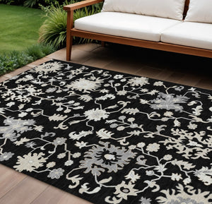 HomeRoots 5' Elegant Black Ivory Gray Floral Washable Area Rug for Indoor and Outdoor High-Traffic Spaces 8' X 10' 622931