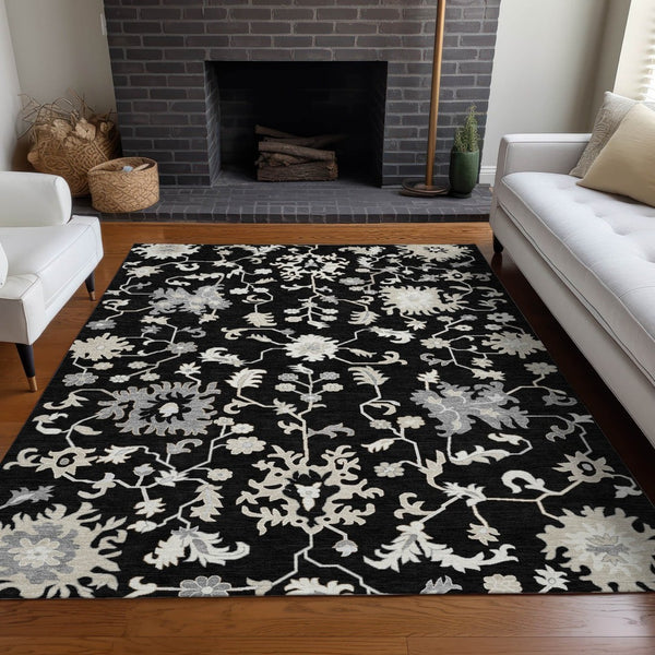 HomeRoots 5' Elegant Black Ivory Gray Floral Washable Area Rug for Indoor and Outdoor High-Traffic Spaces 8' X 10' 622931
