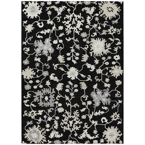 HomeRoots 5' Elegant Black Ivory Gray Floral Washable Area Rug for Indoor and Outdoor High-Traffic Spaces 9' X 12' 622932
