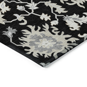 HomeRoots 5' Elegant Black Ivory Gray Floral Washable Area Rug for Indoor and Outdoor High-Traffic Spaces 9' X 12' 622932