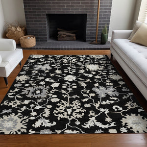 HomeRoots 5' Elegant Black Ivory Gray Floral Washable Area Rug for Indoor and Outdoor High-Traffic Spaces 9' X 12' 622932
