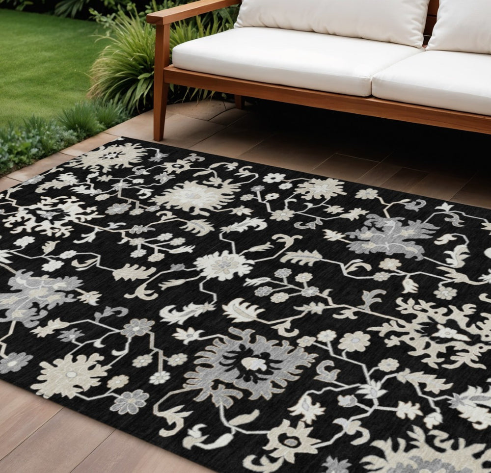 HomeRoots 5' Elegant Black Ivory Gray Floral Washable Area Rug for Indoor and Outdoor High-Traffic Spaces 10' X 14' 622933