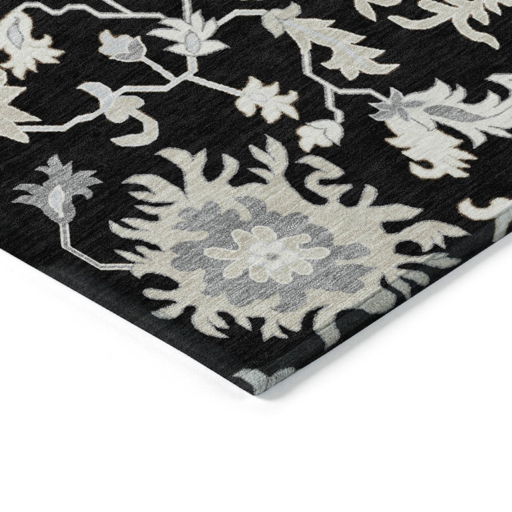 HomeRoots 5' Elegant Black Ivory Gray Floral Washable Area Rug for Indoor and Outdoor High-Traffic Spaces 10' X 14' 622933