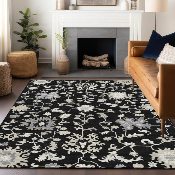 HomeRoots 5' Elegant Black Ivory Gray Floral Washable Area Rug for Indoor and Outdoor High-Traffic Spaces 10' X 14' 622933