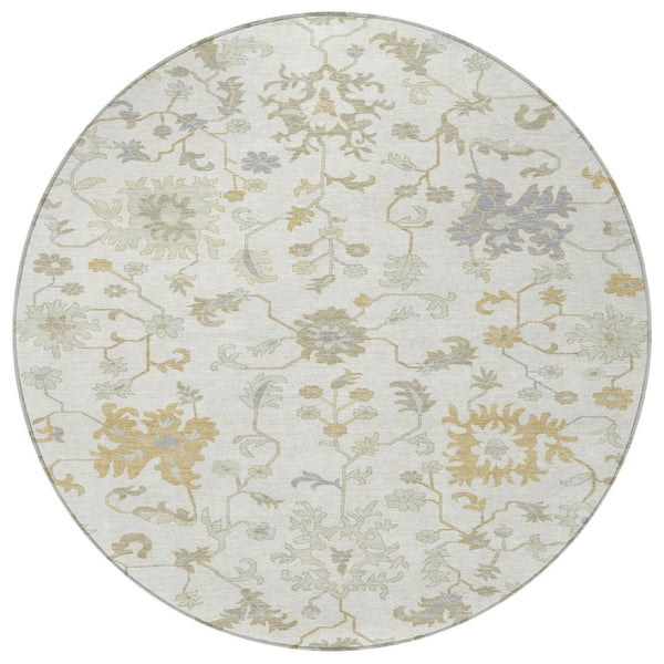 HomeRoots 5' Timeless Ivory Gray and Taupe Floral Washable Area Rug for Indoor and Outdoor Versatile Style 8' Round 622936
