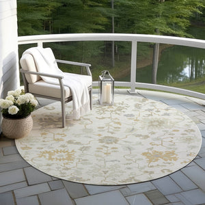HomeRoots 5' Timeless Ivory Gray and Taupe Floral Washable Area Rug for Indoor and Outdoor Versatile Style 8' Round 622936