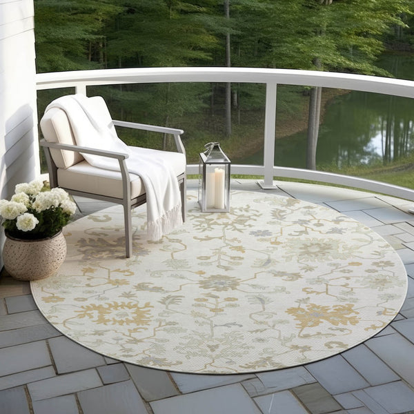 HomeRoots 5' Timeless Ivory Gray and Taupe Floral Washable Area Rug for Indoor and Outdoor Versatile Style 8' Round 622936