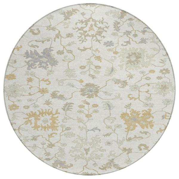 HomeRoots 5' Timeless Ivory Gray and Taupe Floral Washable Area Rug for Indoor and Outdoor Versatile Style 8' Round 622936