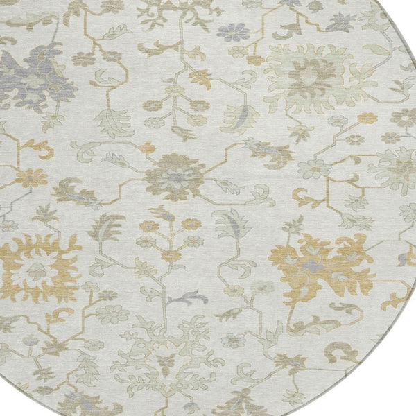 HomeRoots 5' Timeless Ivory Gray and Taupe Floral Washable Area Rug for Indoor and Outdoor Versatile Style 8' Round 622936