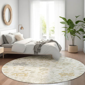 HomeRoots 5' Timeless Ivory Gray and Taupe Floral Washable Area Rug for Indoor and Outdoor Versatile Style 8' Round 622936