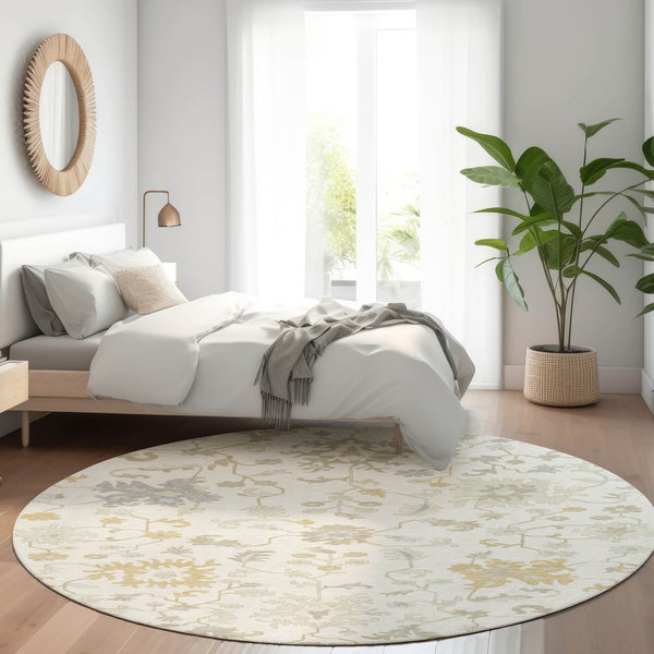HomeRoots 5' Timeless Ivory Gray and Taupe Floral Washable Area Rug for Indoor and Outdoor Versatile Style 8' Round 622936