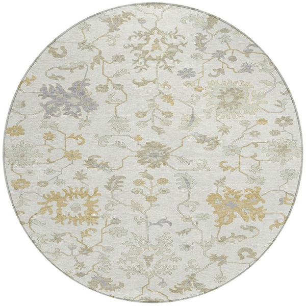 HomeRoots 5' Timeless Ivory Gray and Taupe Floral Washable Area Rug for Indoor and Outdoor Versatile Style 8' Round 622936