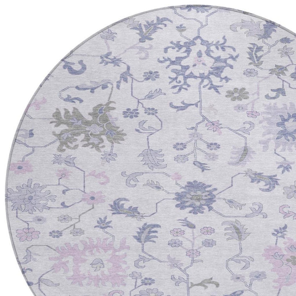 HomeRoots 5' Elegant Floral Area Rug in Lavender Mauve and Gray - Washable, Durable for Indoor & Outdoor Use 8' Round 622942