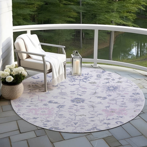 HomeRoots 5' Elegant Floral Area Rug in Lavender Mauve and Gray - Washable, Durable for Indoor & Outdoor Use 8' Round 622942