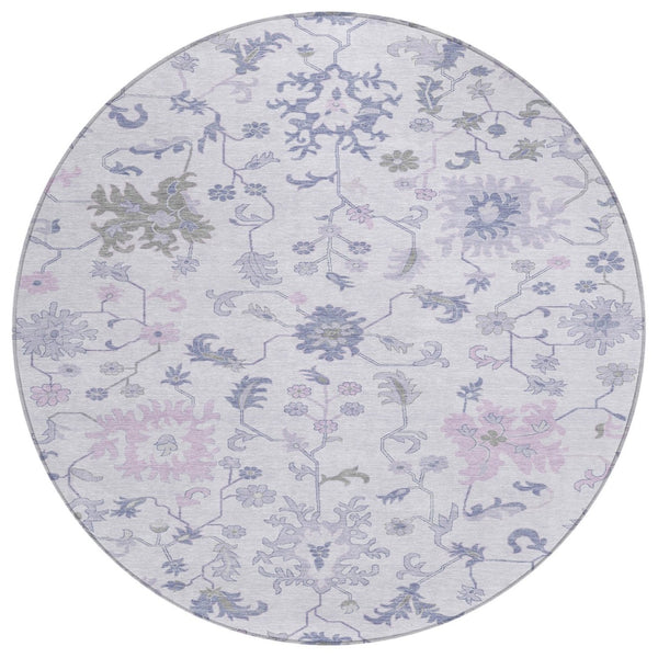HomeRoots 5' Elegant Floral Area Rug in Lavender Mauve and Gray - Washable, Durable for Indoor & Outdoor Use 8' Round 622942