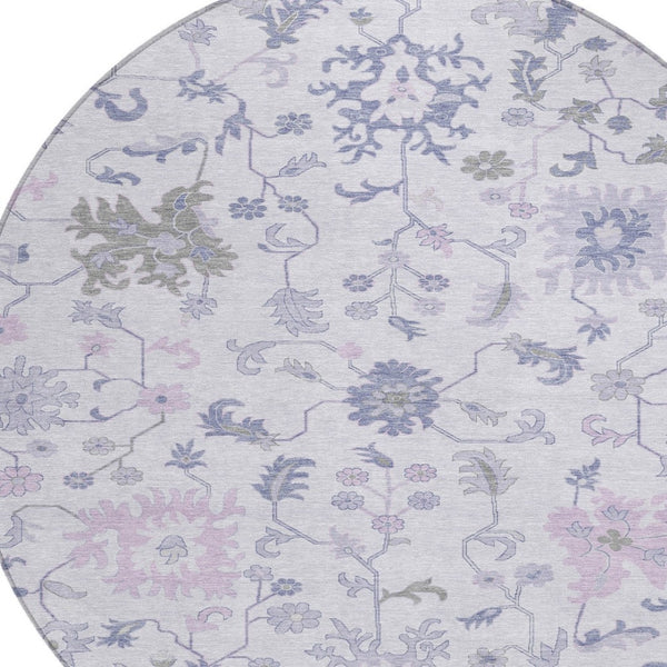 HomeRoots 5' Elegant Floral Area Rug in Lavender Mauve and Gray - Washable, Durable for Indoor & Outdoor Use 8' Round 622942