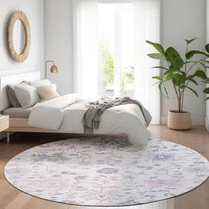 HomeRoots 5' Elegant Floral Area Rug in Lavender Mauve and Gray - Washable, Durable for Indoor & Outdoor Use 8' Round 622942