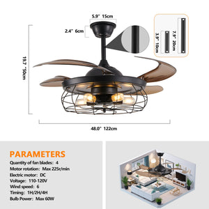 English Elm 48" Industrial Black Ceiling Fan Light with 4-Blade Cage, Remote, Silent DC Motor, Reversible Speed W2312P374994