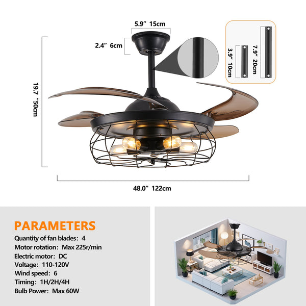 English Elm 48" Industrial Black Ceiling Fan Light with 4-Blade Cage, Remote, Silent DC Motor, Reversible Speed W2312P374994