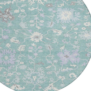HomeRoots 5' Floral Washable Area Rug in Pale Aqua, Ivory & Gray - Durable, Stylish for Indoor & Outdoor Use 8' Round 622948