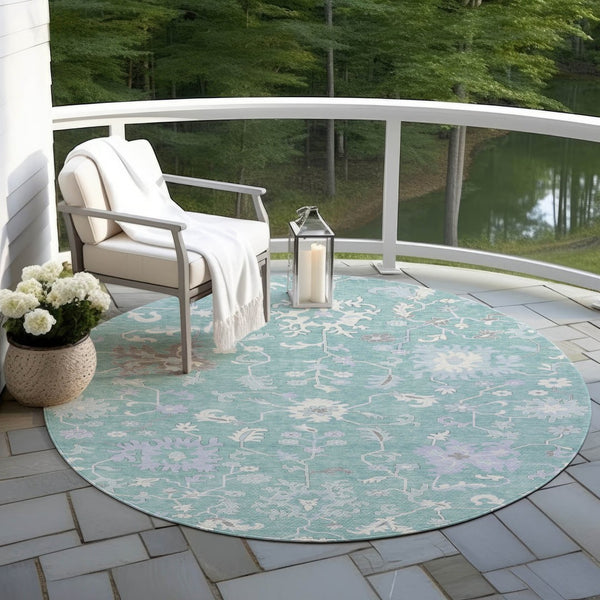 HomeRoots 5' Floral Washable Area Rug in Pale Aqua, Ivory & Gray - Durable, Stylish for Indoor & Outdoor Use 8' Round 622948