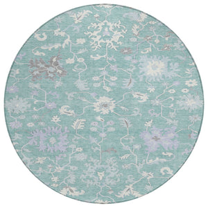 HomeRoots 5' Floral Washable Area Rug in Pale Aqua, Ivory & Gray - Durable, Stylish for Indoor & Outdoor Use 8' Round 622948