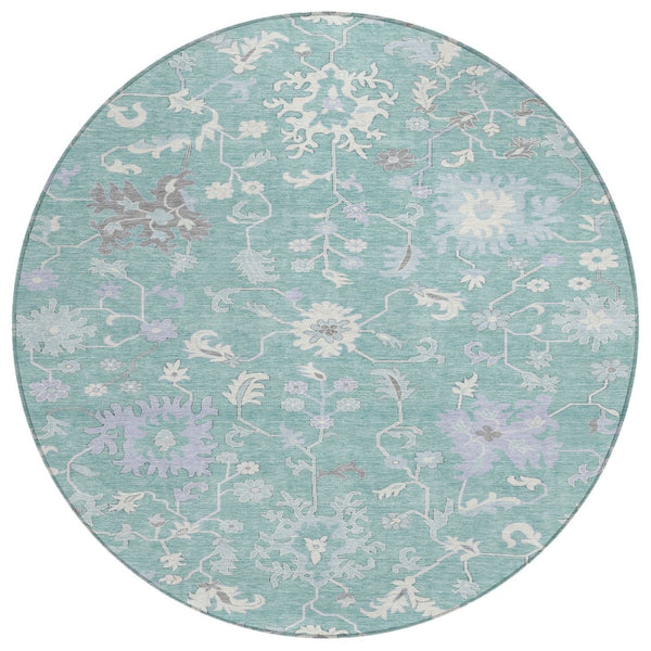 HomeRoots 5' Floral Washable Area Rug in Pale Aqua, Ivory & Gray - Durable, Stylish for Indoor & Outdoor Use 8' Round 622948