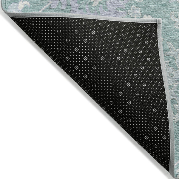 HomeRoots 5' Floral Washable Area Rug in Pale Aqua, Ivory & Gray - Durable, Stylish for Indoor & Outdoor Use 8' Round 622948
