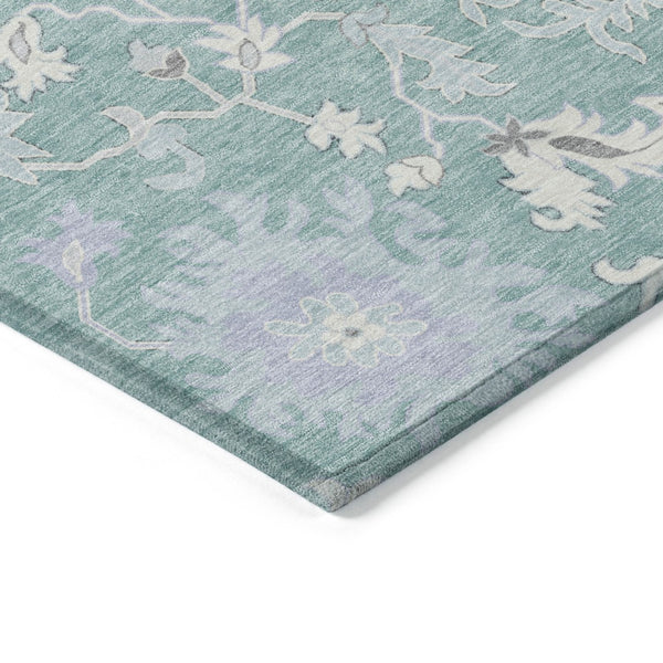 HomeRoots 5' Floral Washable Area Rug in Pale Aqua, Ivory & Gray - Durable, Stylish for Indoor & Outdoor Use 8' Round 622948