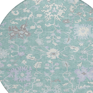HomeRoots 5' Floral Washable Area Rug in Pale Aqua, Ivory & Gray - Durable, Stylish for Indoor & Outdoor Use 8' Round 622948