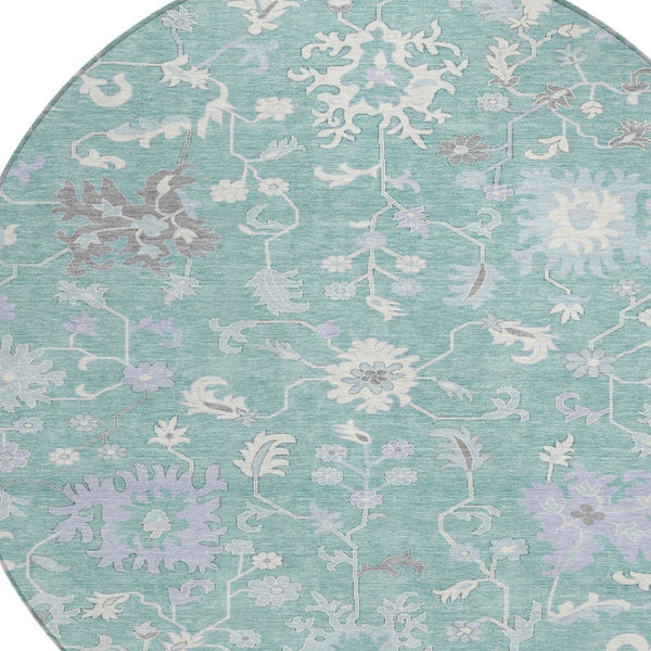 HomeRoots 5' Floral Washable Area Rug in Pale Aqua, Ivory & Gray - Durable, Stylish for Indoor & Outdoor Use 8' Round 622948