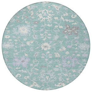 HomeRoots 5' Floral Washable Area Rug in Pale Aqua, Ivory & Gray - Durable, Stylish for Indoor & Outdoor Use 8' Round 622948