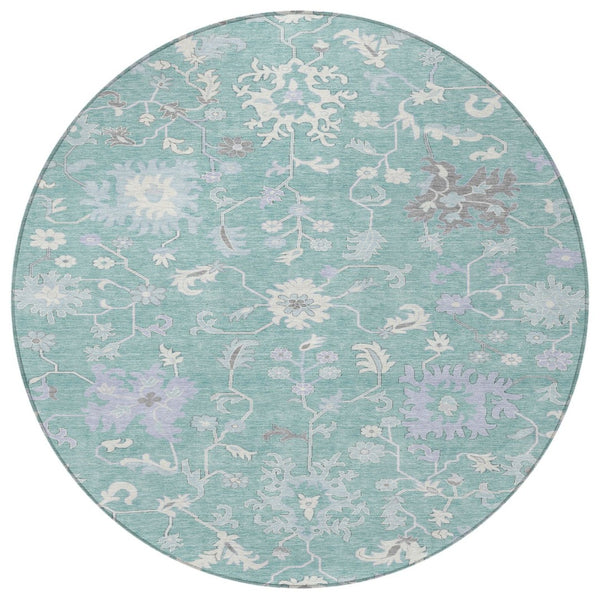 HomeRoots 5' Floral Washable Area Rug in Pale Aqua, Ivory & Gray - Durable, Stylish for Indoor & Outdoor Use 8' Round 622948