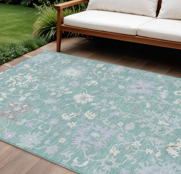 HomeRoots 5' Floral Washable Area Rug in Pale Aqua, Ivory & Gray - Durable, Stylish for Indoor & Outdoor Use 8' X 10' 622949