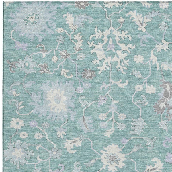 HomeRoots 5' Floral Washable Area Rug in Pale Aqua, Ivory & Gray - Durable, Stylish for Indoor & Outdoor Use 8' X 10' 622949