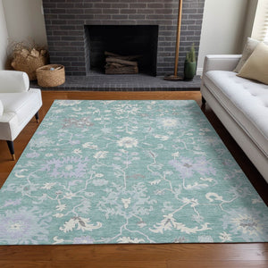 HomeRoots 5' Floral Washable Area Rug in Pale Aqua, Ivory & Gray - Durable, Stylish for Indoor & Outdoor Use 8' X 10' 622949