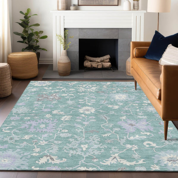HomeRoots 5' Floral Washable Area Rug in Pale Aqua, Ivory & Gray - Durable, Stylish for Indoor & Outdoor Use 9' X 12' 622950