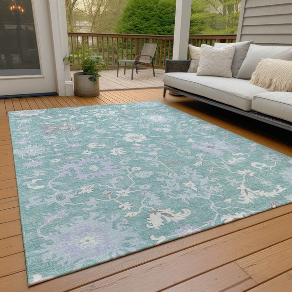 HomeRoots 5' Floral Washable Area Rug in Pale Aqua, Ivory & Gray - Durable, Stylish for Indoor & Outdoor Use 9' X 12' 622950