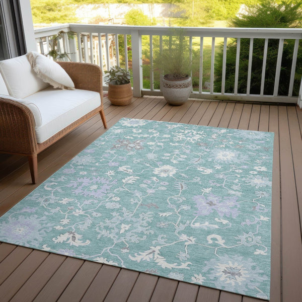 HomeRoots 5' Floral Washable Area Rug in Pale Aqua, Ivory & Gray - Durable, Stylish for Indoor & Outdoor Use 10' X 14' 622951
