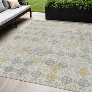 HomeRoots 5' Modern Ivory and Gold Geometric Area Rug - Stylish, Washable, Indoor/Outdoor, Stain-Resistant 5' X 8' 622971