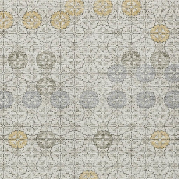 HomeRoots 5' Modern Ivory and Gold Geometric Area Rug - Stylish, Washable, Indoor/Outdoor, Stain-Resistant 5' X 8' 622971