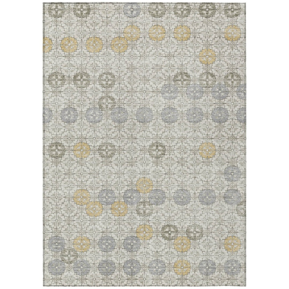 HomeRoots 5' Modern Ivory and Gold Geometric Area Rug - Stylish, Washable, Indoor/Outdoor, Stain-Resistant 5' X 8' 622971
