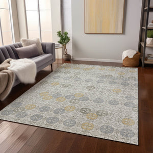 HomeRoots 5' Modern Ivory and Gold Geometric Area Rug - Stylish, Washable, Indoor/Outdoor, Stain-Resistant 5' X 8' 622971