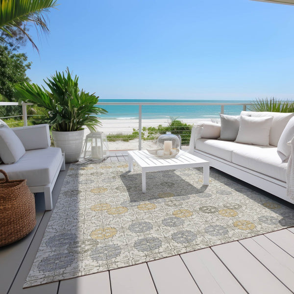 HomeRoots 5' Modern Ivory and Gold Geometric Area Rug - Stylish, Washable, Indoor/Outdoor, Stain-Resistant 5' X 8' 622971